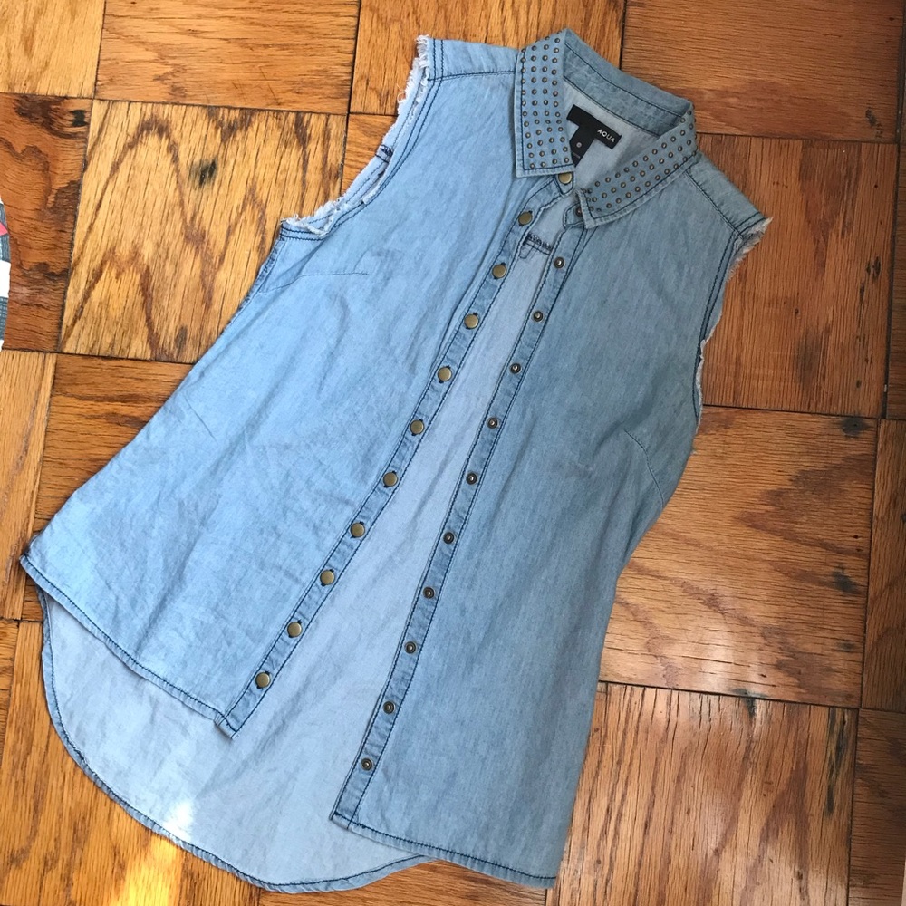 Lite wash denim vest with brass buttons